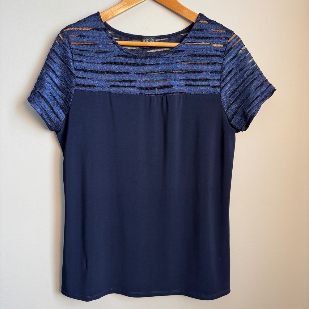Vamp Womens Whimsigoth Navy Blue Blouse Short Sleeve Size XL Stretch Casual Chic